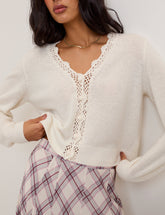 White Wool Blend Crochet Trim V Neck Cardigan