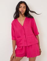 Pink Linen-blend Short Sleeve Shirt