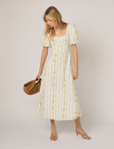 White Floral Puff Sleeve Melody Midi Dress