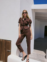 Brown Gingham Lace Trim Cigarette Trousers