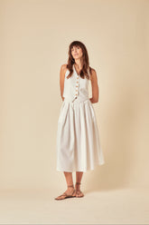 White Linen-blend Pleated Tailored Midi Skirt