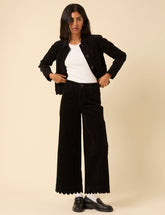 Black Cord Cropped Scallop Trim Jeans