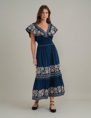 Navy Floral Embroidered Tiered Suzie Midi Dress