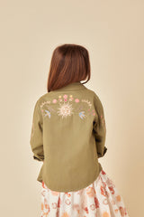 Elizabeth Scarlett Girls Green Denim Embroidered Shacket