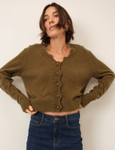 Khaki Wool Blend Crochet Trim V Neck Cardigan