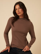 Brown Ribbed High Neck Long Sleeve Top