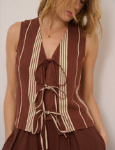 Brown Striped Linen-Blend Tie Front Tessa Top