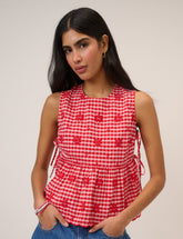 Red Gingham Sleeveless Tie Side Top