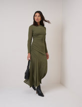 Green Long Sleeve Draped Tallulah Jersey Midi Dress