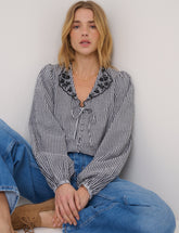Black Gingham Embroidered Floral Collar Blouse
