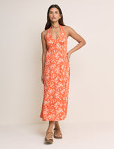 Orange Floral Halter Neck Lynette Midi Dress