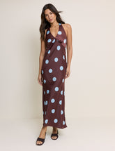 Brown Polka Dot Cali Halter Neck Midi Dress