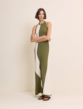 Khaki Abstract Stripe Halter Neck Maxi Dress