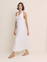 White Linen-Blend Halter Neck Tailored Midi Dress