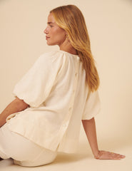 Cream Linen-blend Puff Sleeve Top