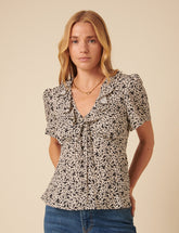 Black Floral Frill Sleeve Top