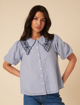 Blue Embroidered Collared Striped Blouse