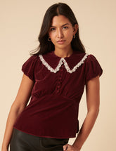 Burgundy Velvet Lace Trim Collar Top