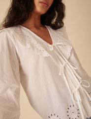 White Tie Front Broderie Anglaise Blouse