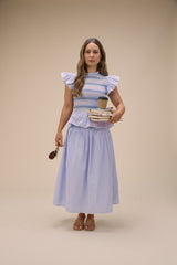 Blue Striped Shirred Top & Skirt Set