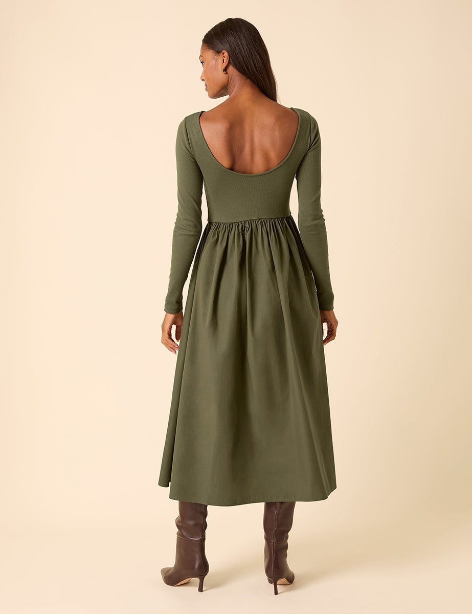 Green Scoop Neck A-Line Midi Dress