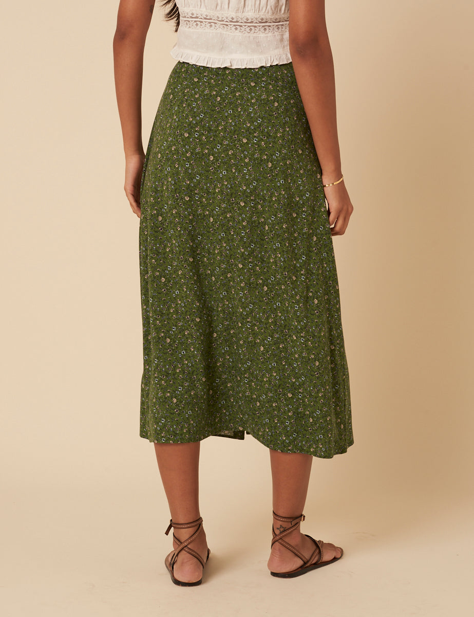 Green Ditsy Floral Midi Skirt
