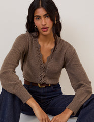 Brown Wool Blend Crochet Trim V-Neck Cardigan