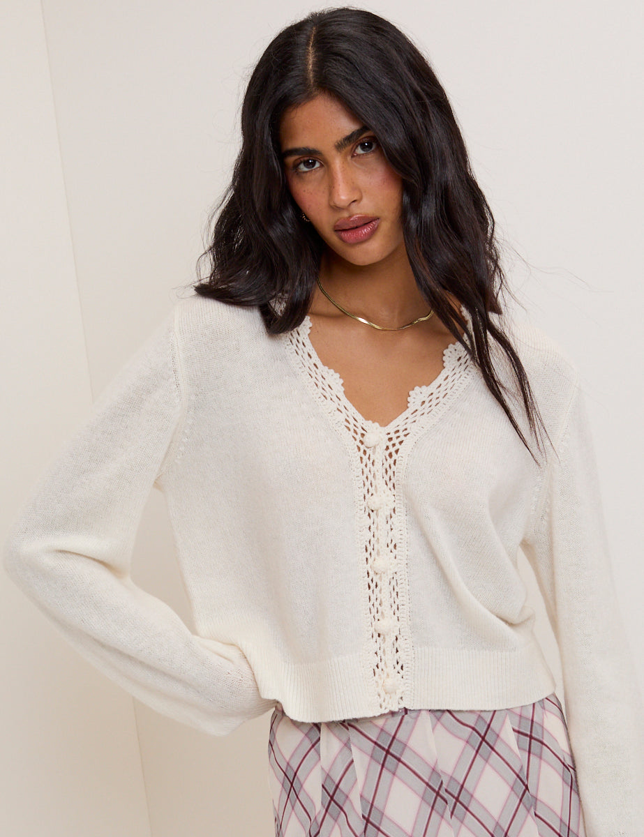 White Wool Blend Crochet Trim V Neck Cardigan
