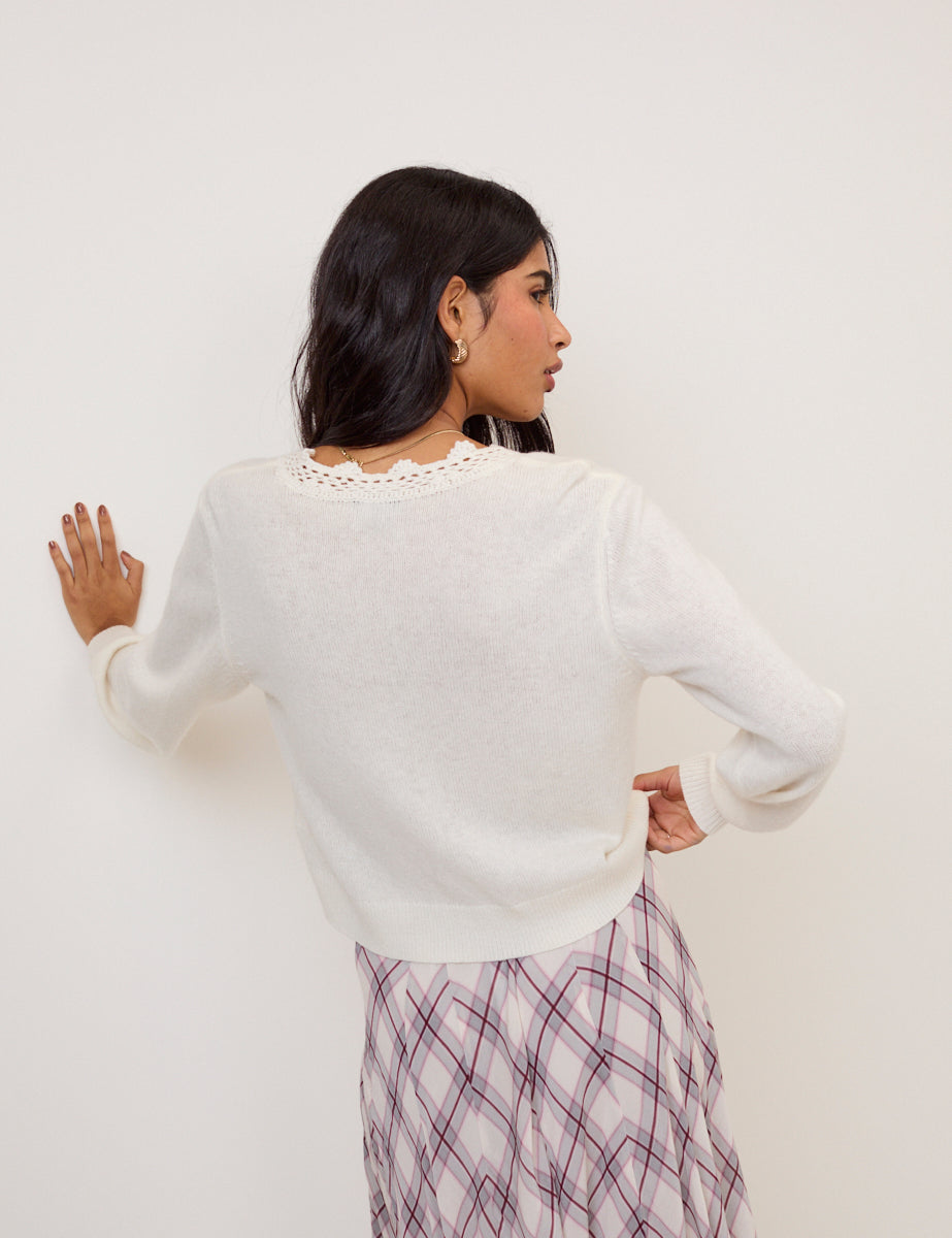 White Wool Blend Crochet Trim V Neck Cardigan