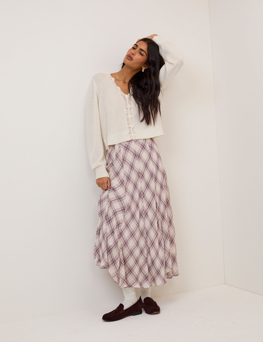 White Wool Blend Crochet Trim V Neck Cardigan