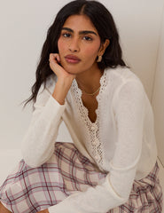 White Wool Blend Crochet Trim V Neck Cardigan