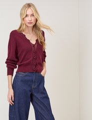 Burgundy Crochet Trim V Neck Cardigan
