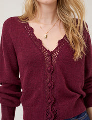 Burgundy Crochet Trim V Neck Cardigan