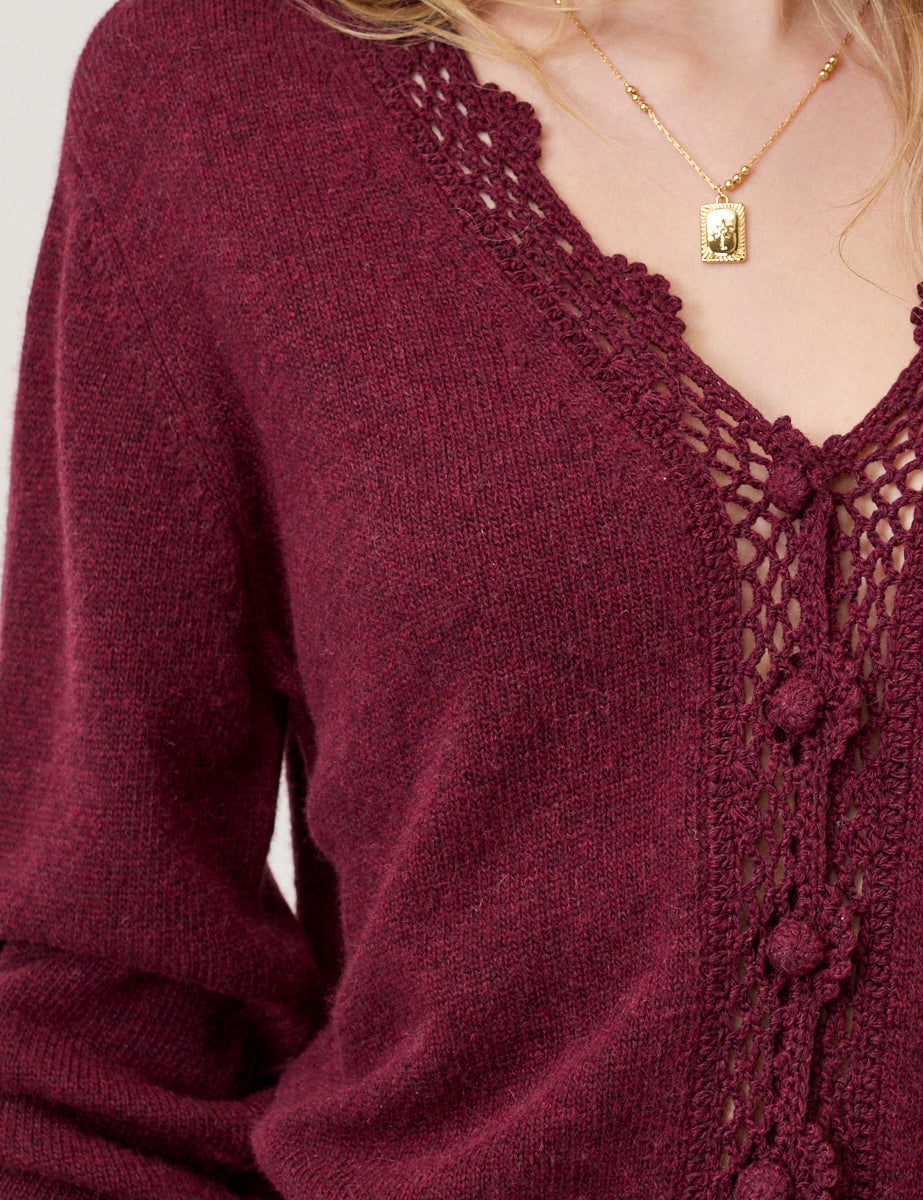 Burgundy Crochet Trim V Neck Cardigan