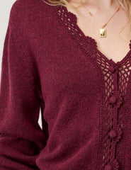 Burgundy Crochet Trim V Neck Cardigan