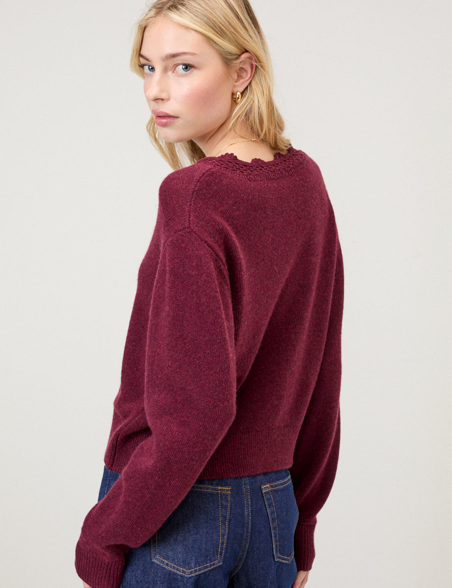 Burgundy Crochet Trim V Neck Cardigan