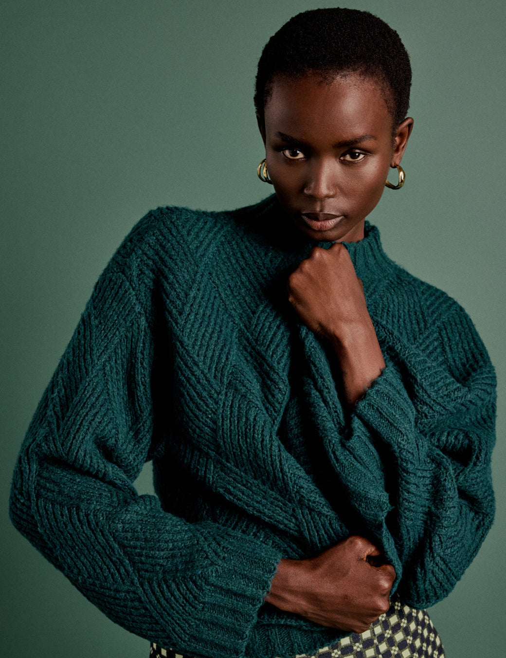 NC x Lisou Dark Green Mixed Stitch Checkerboard Knit Jumper