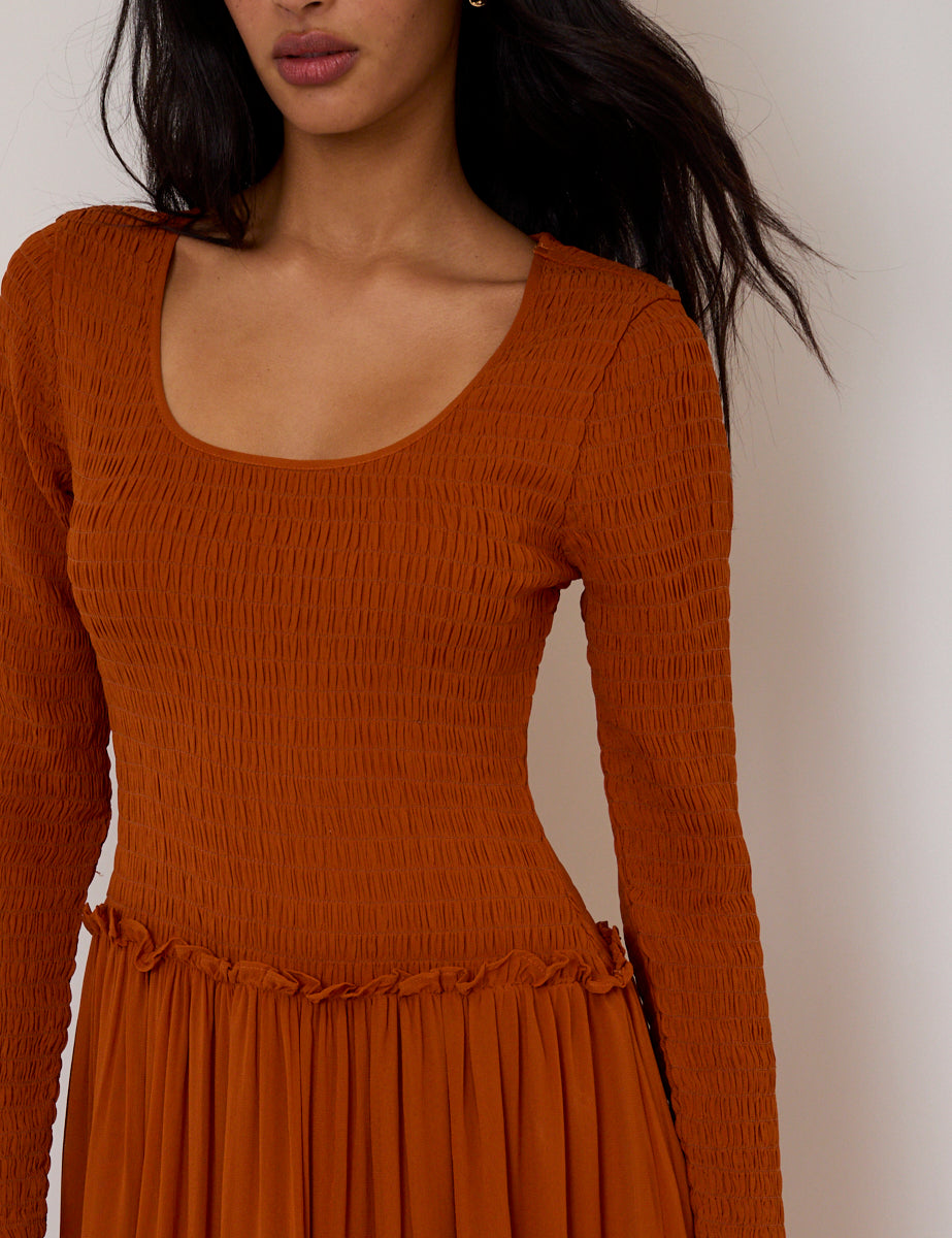 Burnt Orange Shirred Long Sleeve Sorelle Midi Dress