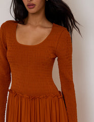 Burnt Orange Shirred Long Sleeve Sorelle Midi Dress