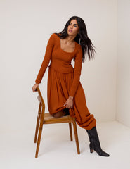 Burnt Orange Shirred Long Sleeve Sorelle Midi Dress