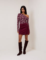 Burgundy One Shoulder Floral Top