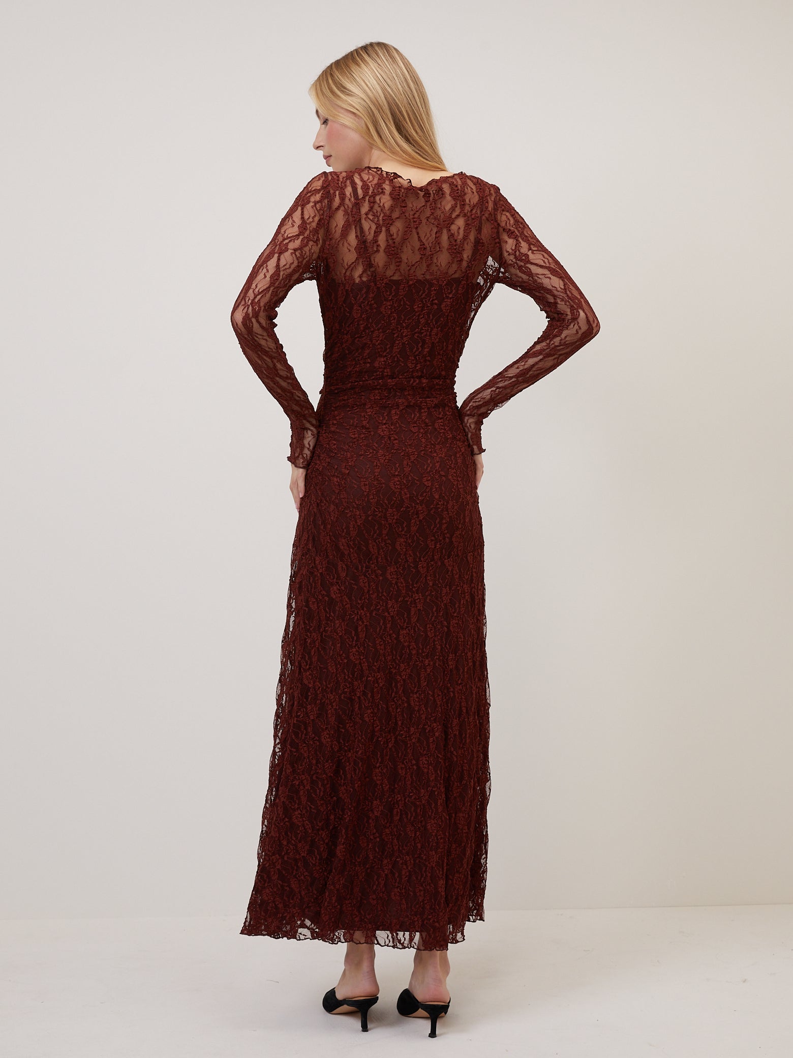 Burgundy Lace Mallory Long Sleeve Midi Dress