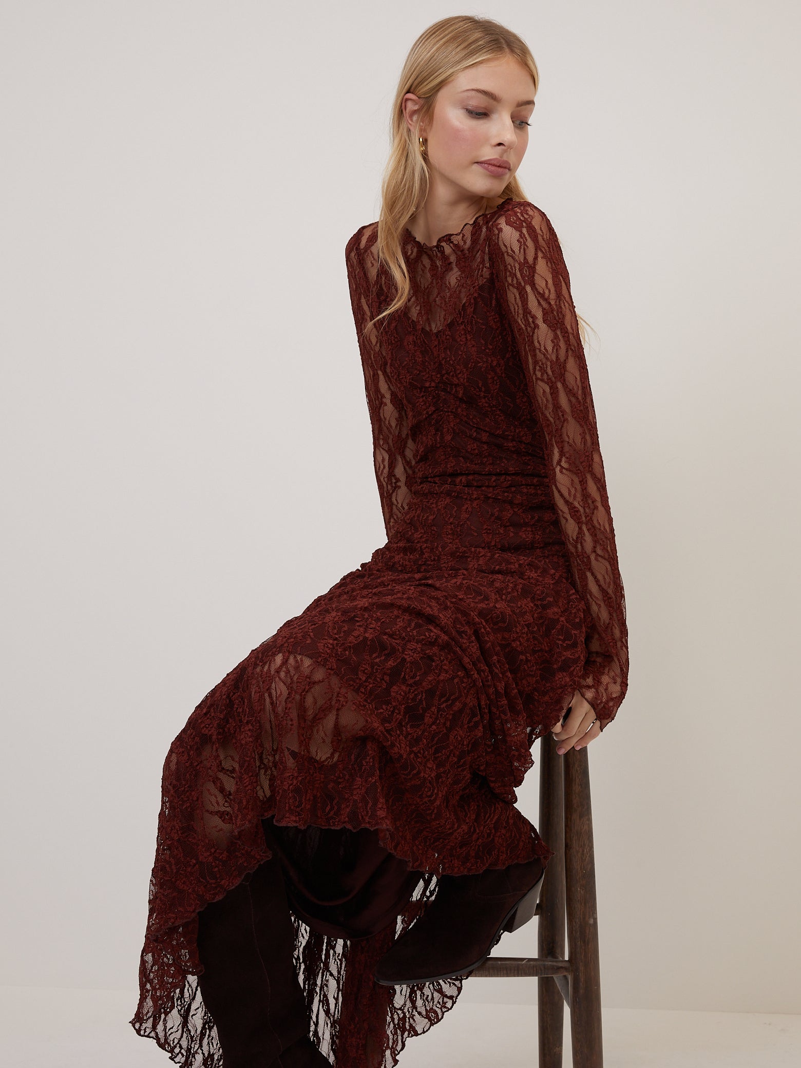 Burgundy Lace Mallory Long Sleeve Midi Dress
