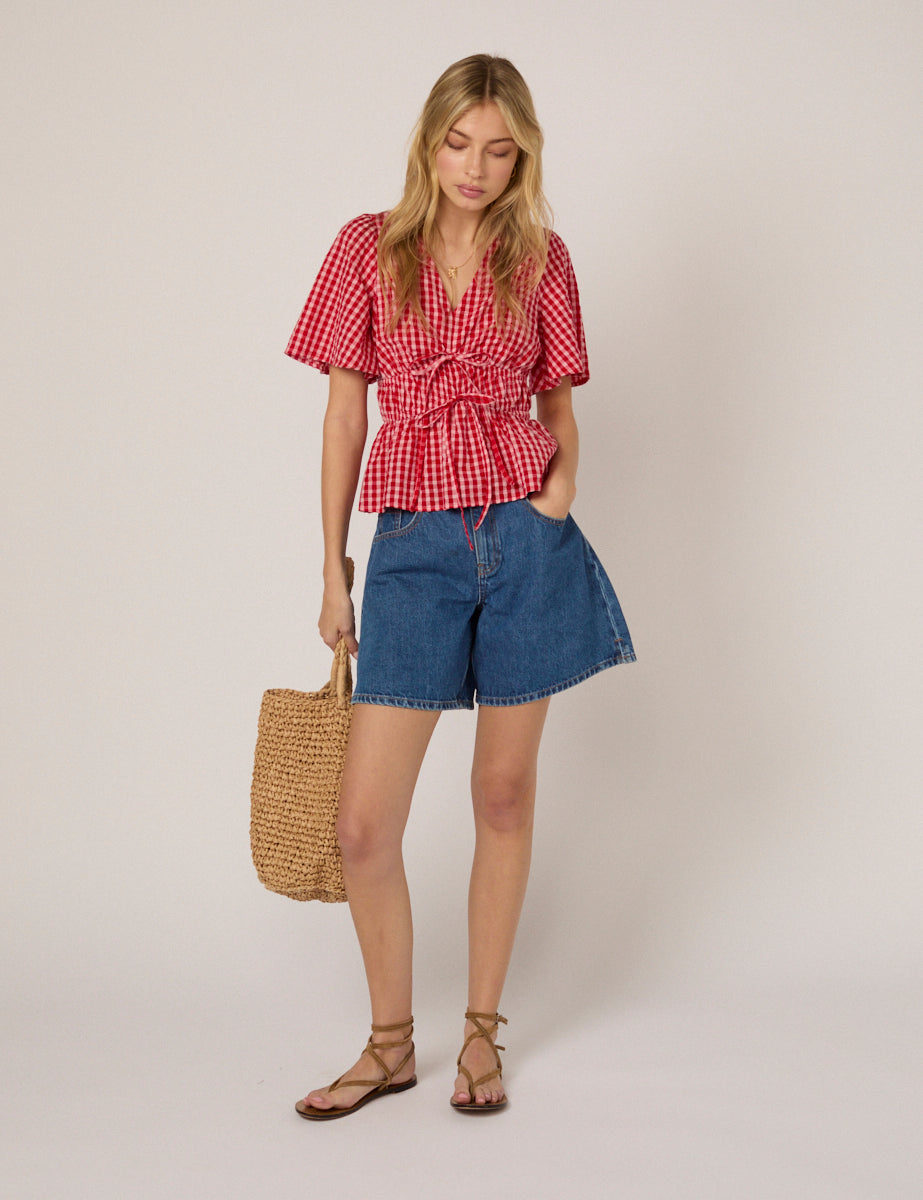 Red V Neck Gingham Cordelia Top