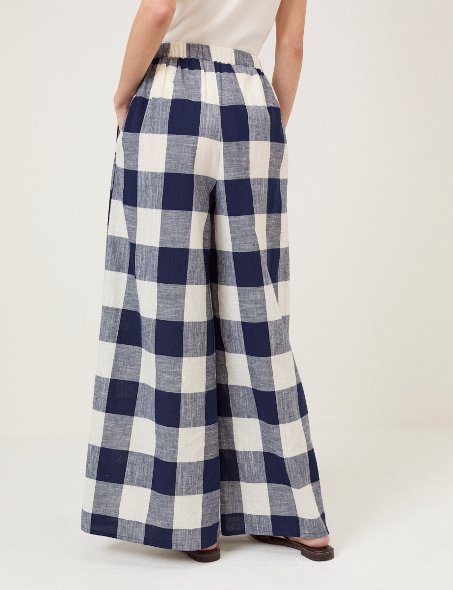 Navy Gingham Wide Leg Trousers