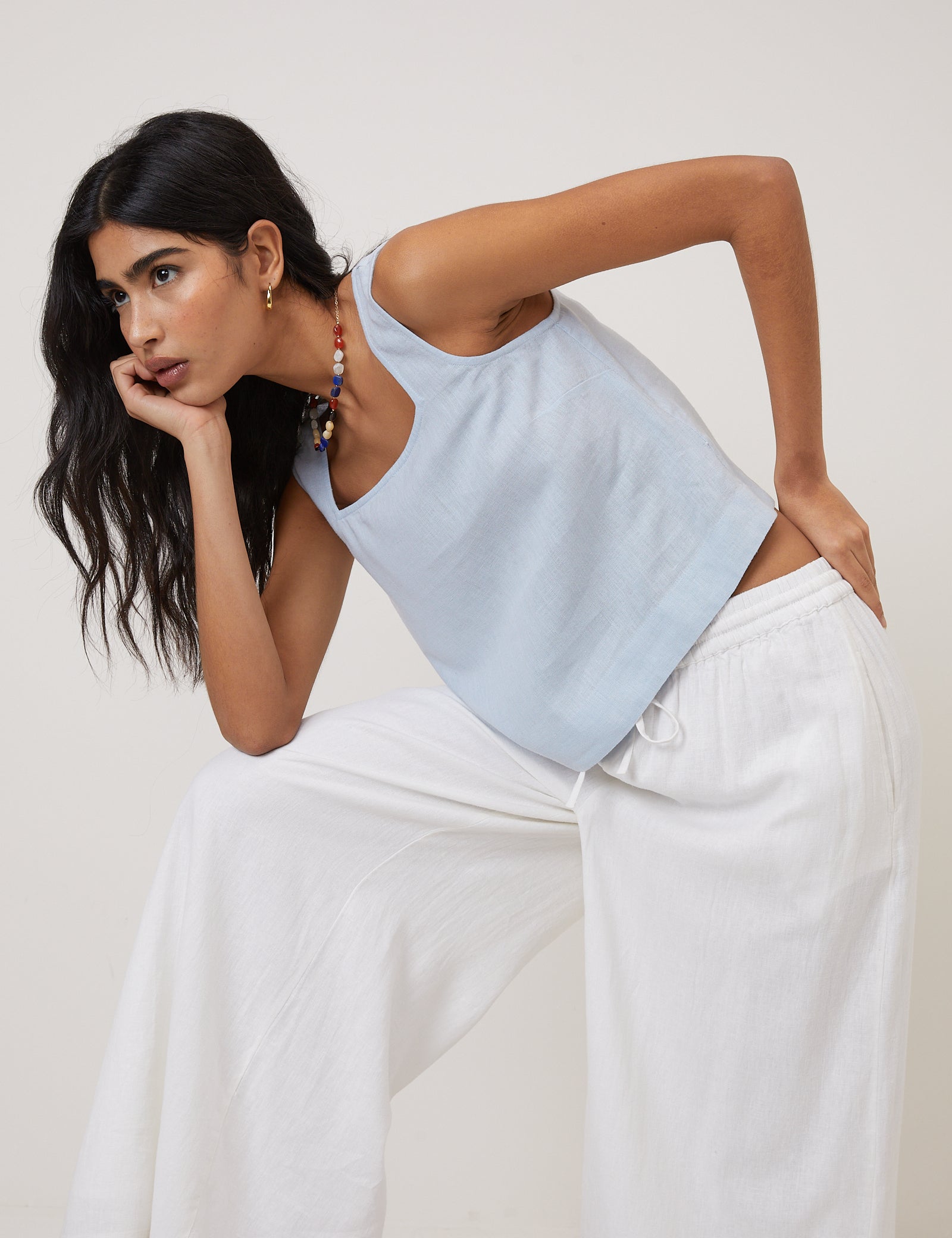 Light Blue Linen-Blend Vest Top