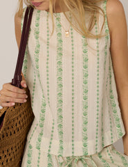 Cream Printed Linen-Blend Swing Top