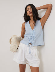 Light Blue Linen-Blend Tie Front Tessa Top