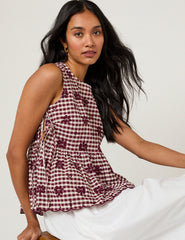 Burgundy Gingham Floral Swing Top