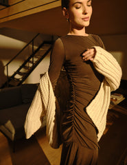 Brown Long Sleeve Draped Tallulah Jersey Midi Dress